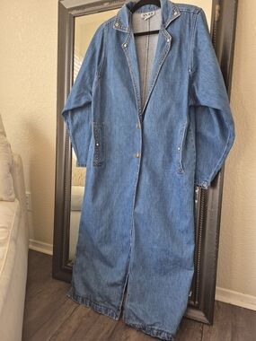 90s Vintage Blue Long Jean Jacket with Stud Trim